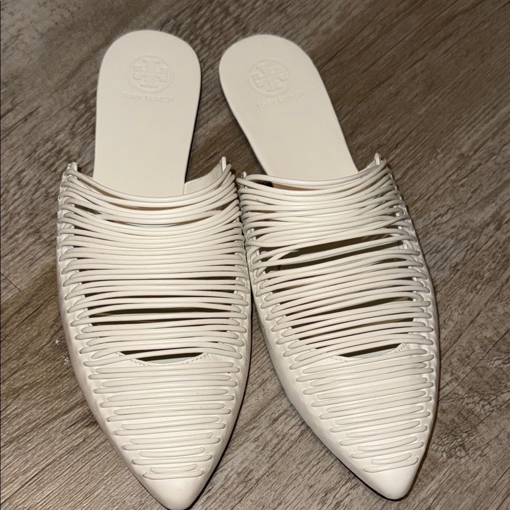Tory Burch White Woven Pointed-Toe Slip-On Mules - Picture 10 of 12
